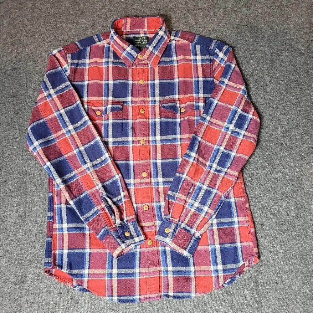 J. Crew Shirt Men Large Blue Red Plaid Sporting Goods Flannel Work Long Sleeve
